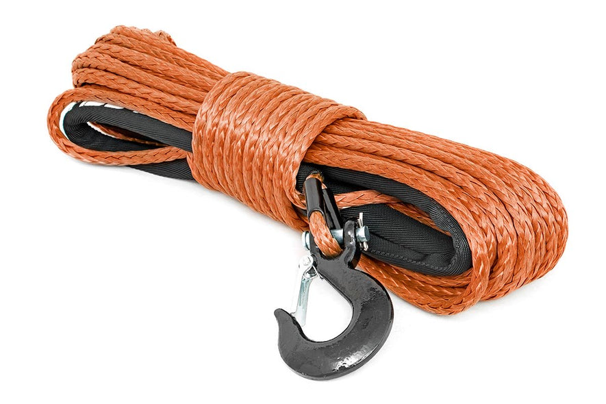 Synthetic Rope 85 Feet Rated Up to 16,000 Lbs 3/8 Inch Includes Clevis Hook and Protective Sleeve Orange Rough Country