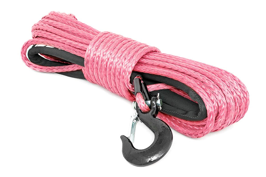 Synthetic Rope 85 Feet Rated Up to 16,000 Lbs 3/8 Inch Includes Clevis Hook and Protective Sleeve Pink Rough Country