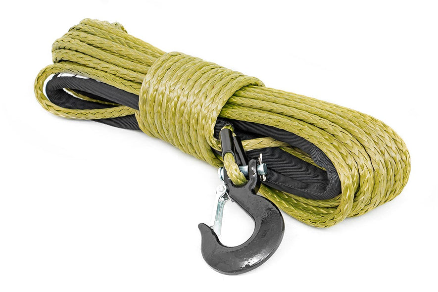 Synthetic Rope 85 Feet Rated Up to 16,000 Lbs 3/8 Inch Includes Clevis Hook and Protective Sleeve Army Green Rough Country
